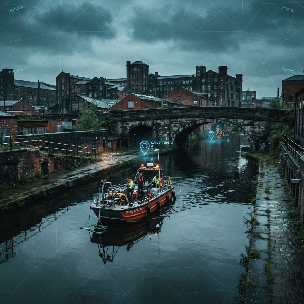 JKWA survey vessel Hind Sight operating on a Greater Manchester canal at dawn with GIS mapping overlay
