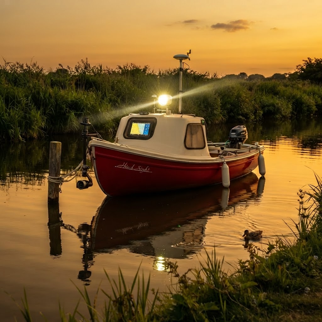 Hind Sight survey vessel at dusk with GPS mast, survey tablet and camera pole