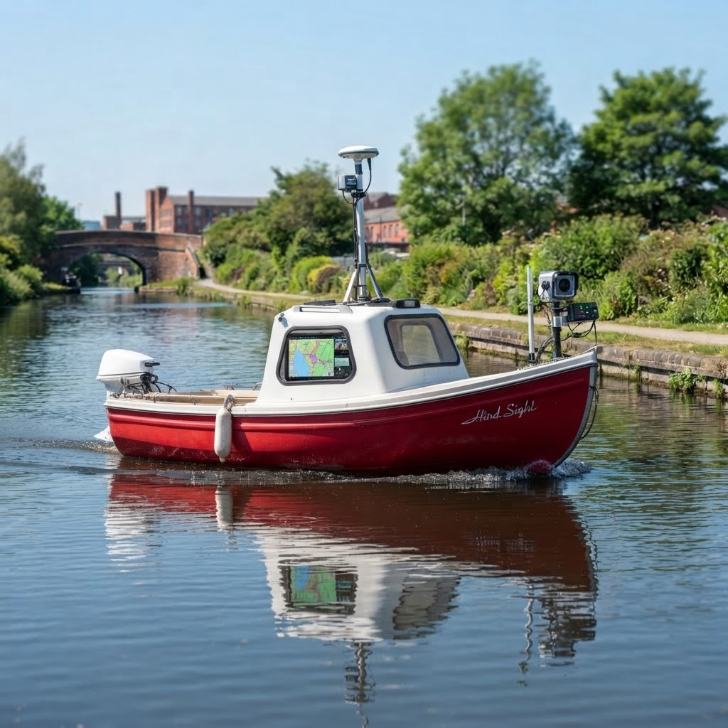 Hind Sight survey vessel motoring along a canal with GIS display and recording equipment