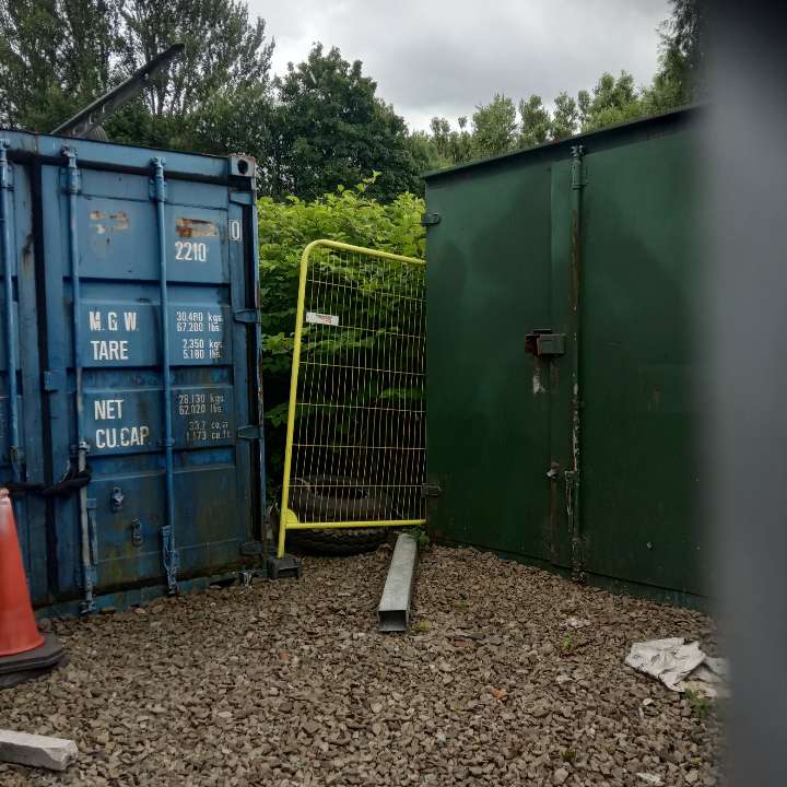 Japanese knotweed infestation located between industrial storage containers, requiring professional site clearance and invasive weed management.