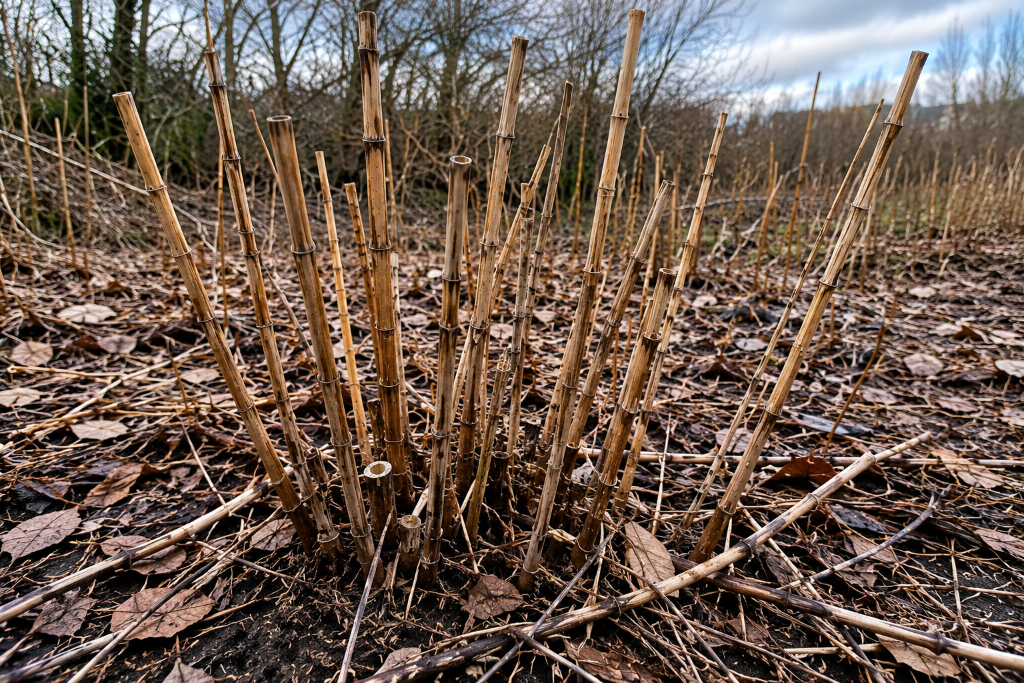Japanese Knotweed winter dormant canes with no foliage visible